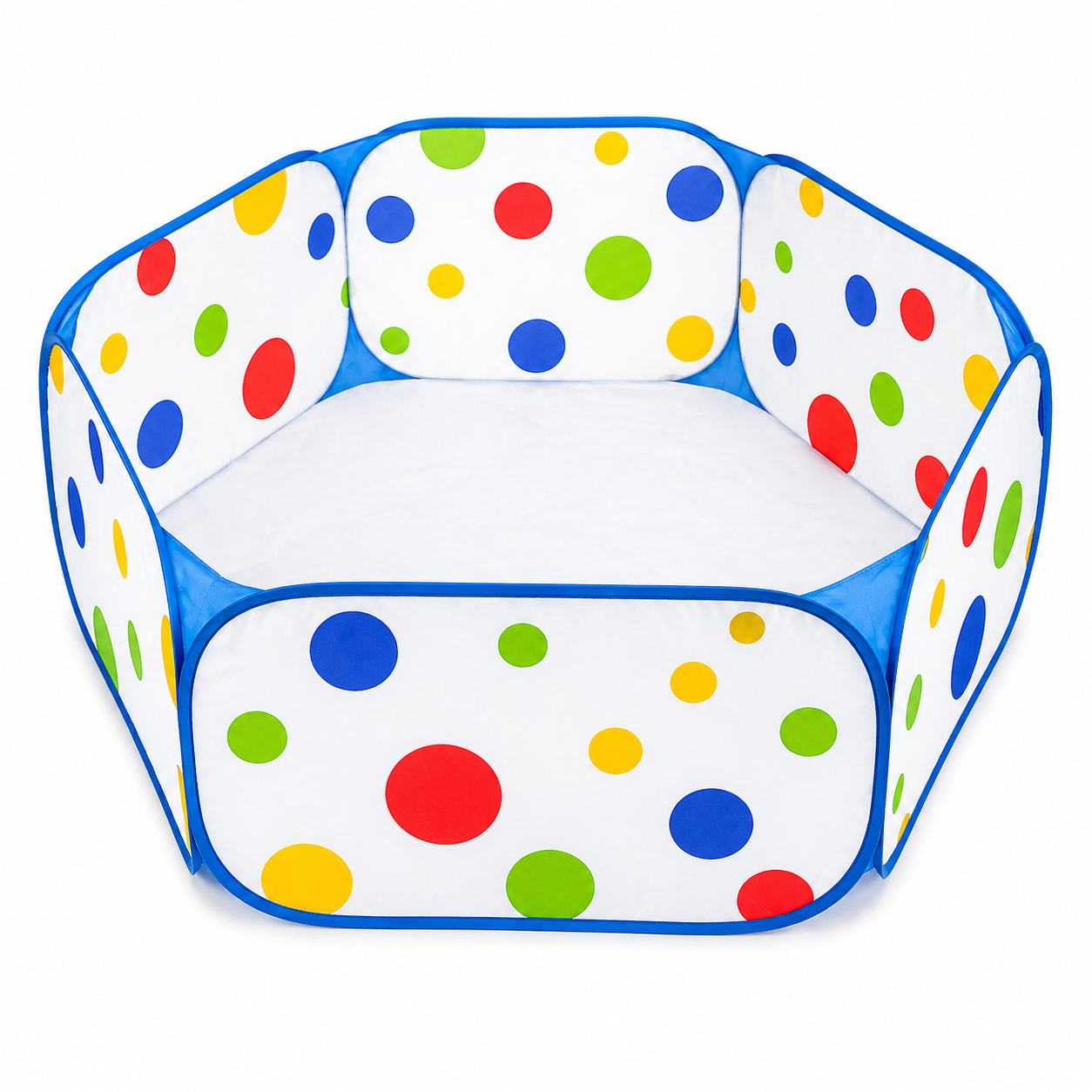 Children playing in foldable ball pit playpen with colourful dot pattern designed for indoor and outdoor fun