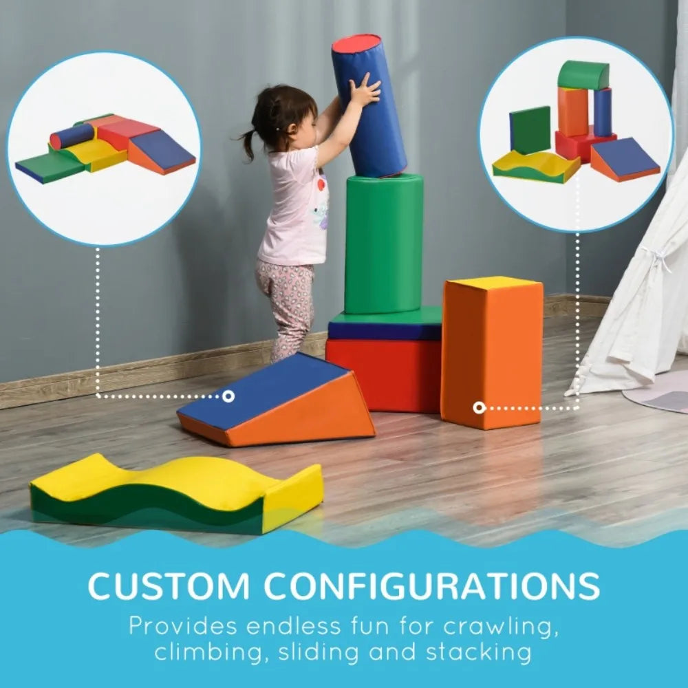 Child playing with colorful foam blocks on a wooden floor, with text about custom configurations.