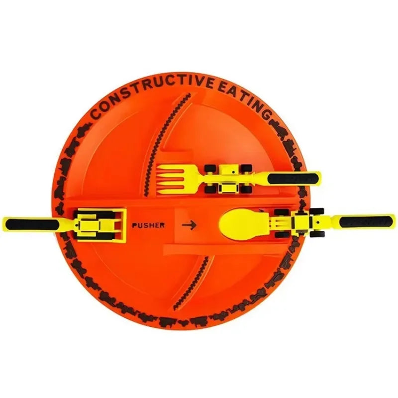 Orange plate with utensils and 'Constructive Eating' text on a white background