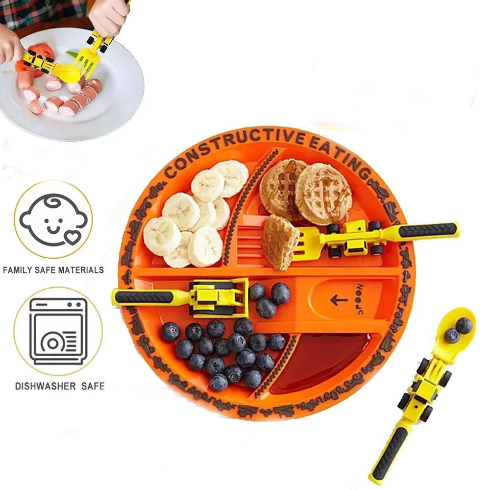 Children's plate with toy tools, food items, and 'Constructive Eating' text on a white background.