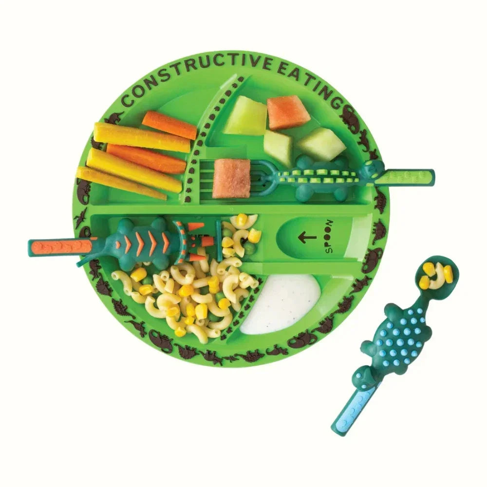 Green plate with food items and utensils, labeled 'Constructive Eating', on a white background