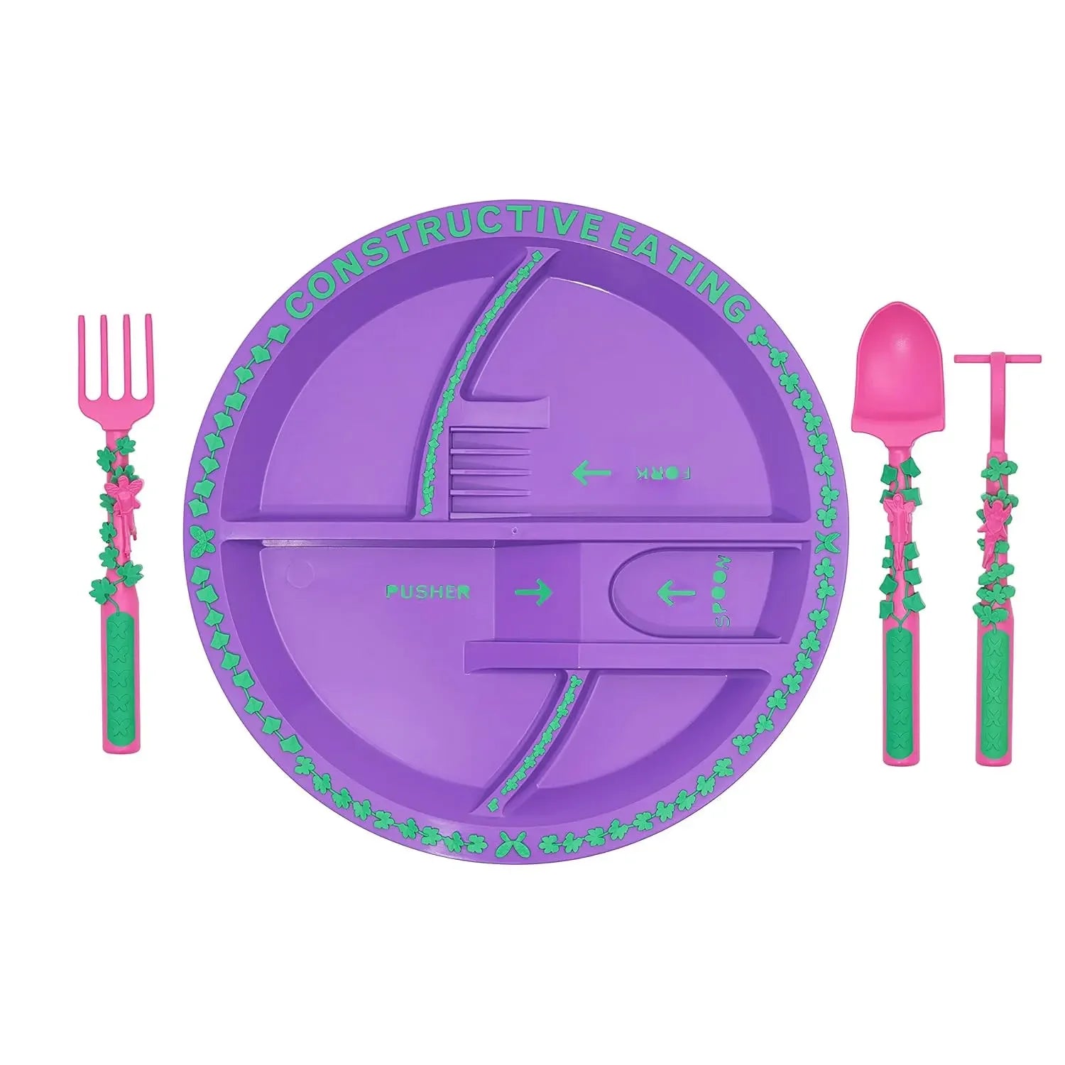 Purple plate with divided sections, pink fork, and spoon on a white background