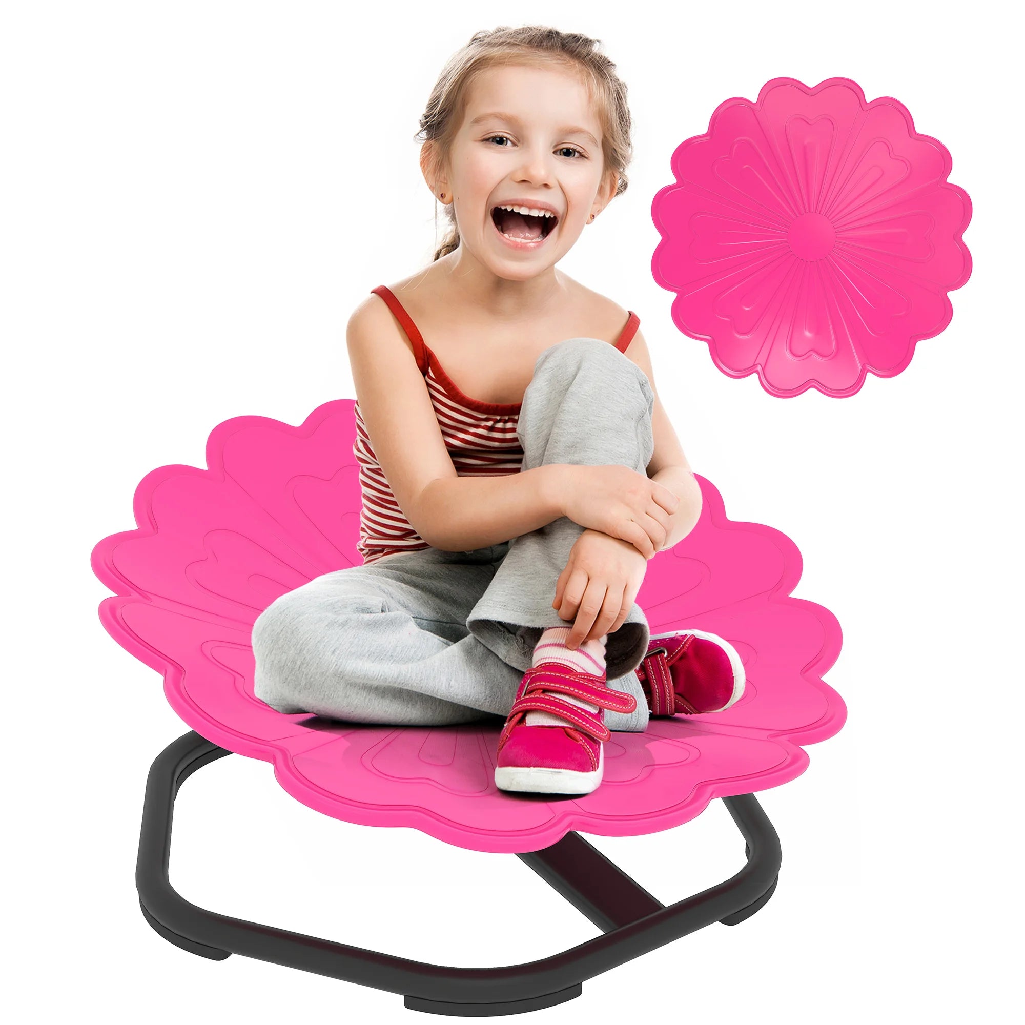 Pink sensory swivel chair designed for children to support balance, play and sensory regulation