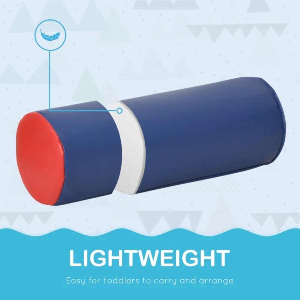 Blue and red cylindrical pillow with text indicating it is lightweight and easy for toddlers to handle.
