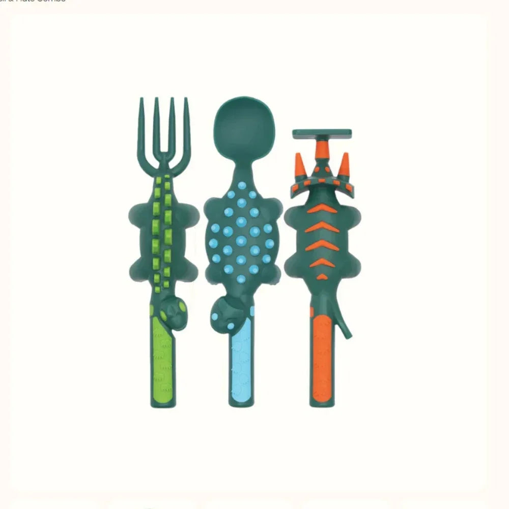 Set of novelty utensils with unique designs on a white background