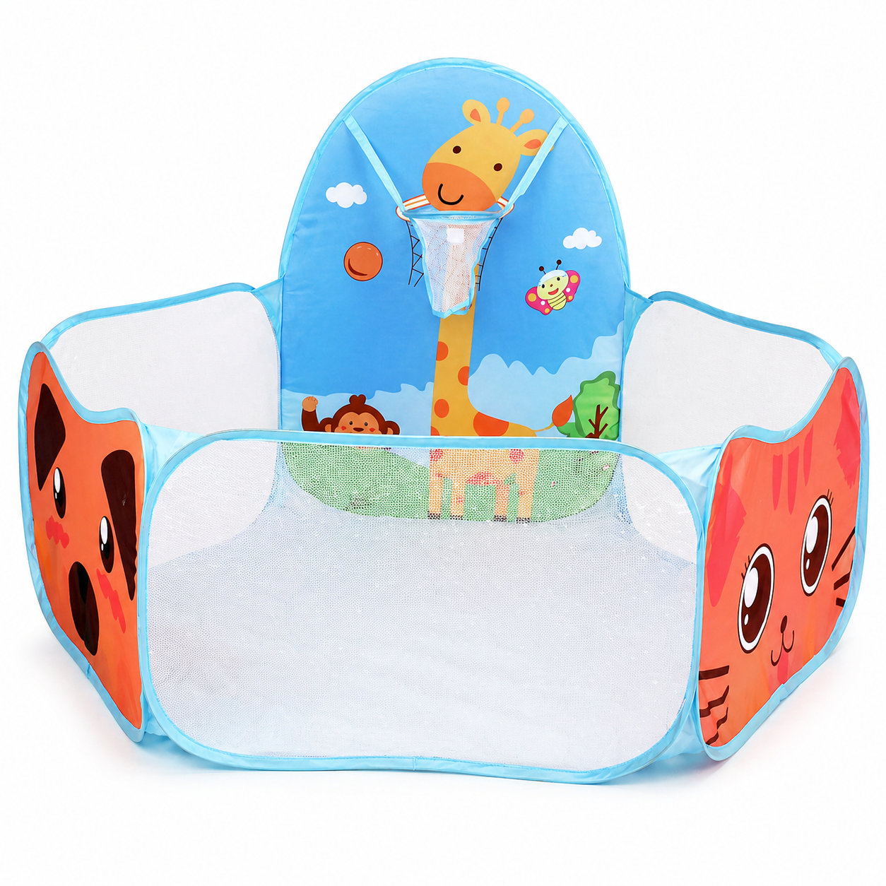 Children’s ball pit playpen with giraffe design and mini basketball hoop for interactive play and fun