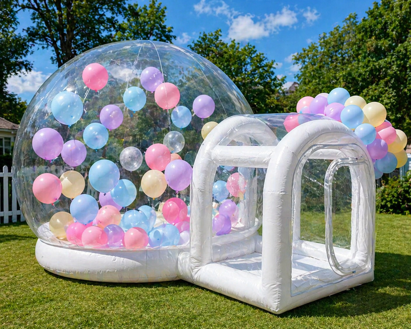 Inflatable balloon bubble house with tunnel filled with pastel balloons set up outdoors for parties and events