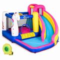 Colourful inflatable unicorn bounce house with water slide and splash pool designed for outdoor play and active fun