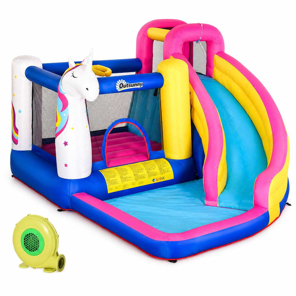 Colourful inflatable unicorn bounce house with water slide and splash pool designed for outdoor play and active fun