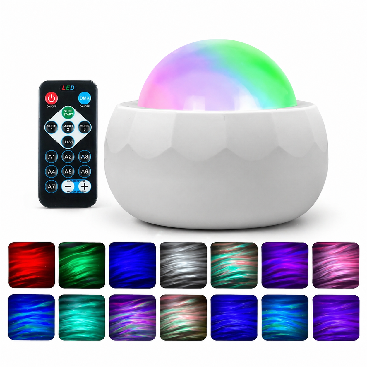 Aurora projector night light with remote control creating colourful star and wave lighting effects for children’s bedrooms