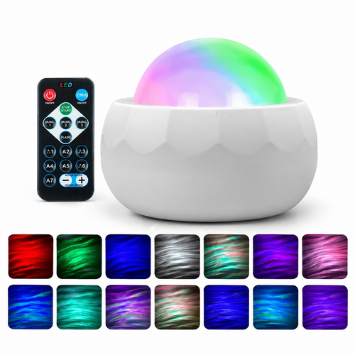 Aurora projector night light with remote control creating colourful star and wave lighting effects for children’s bedrooms