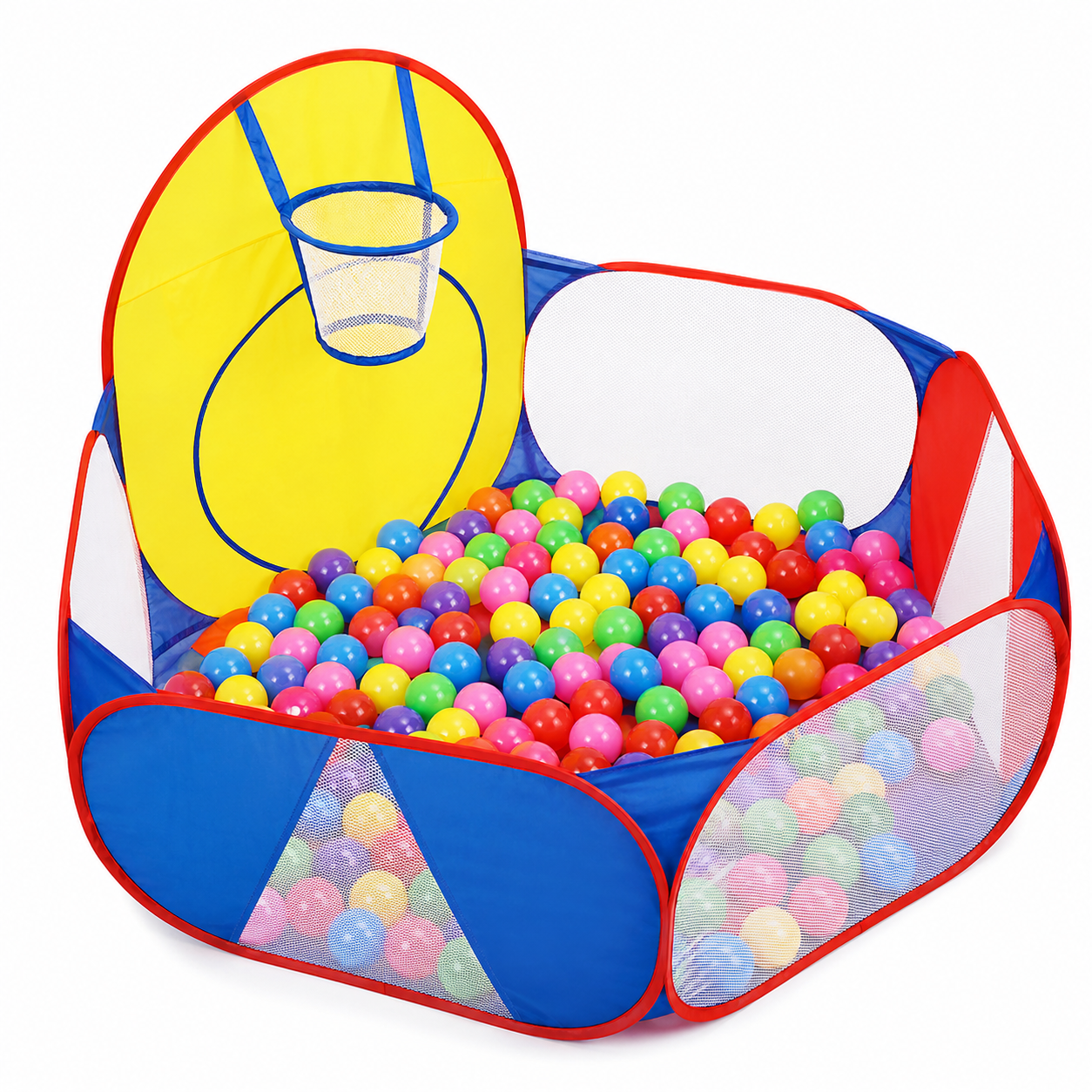 Foldable children’s ball pit playpen with built-in basketball hoop designed for indoor play and active fun