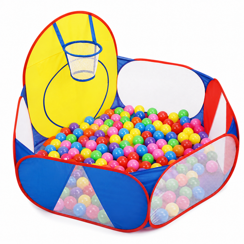 Foldable children’s ball pit playpen with built-in basketball hoop designed for indoor play and active fun