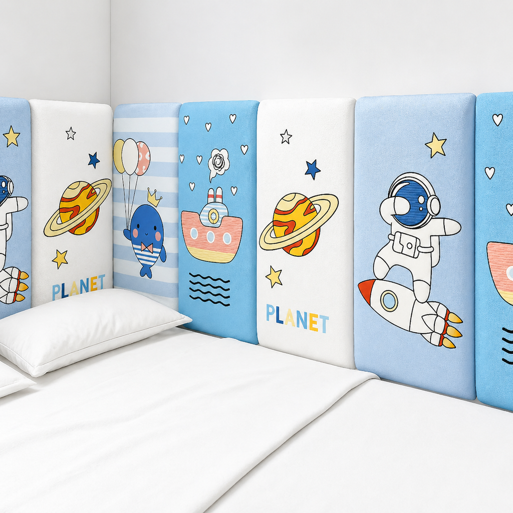 Soft padded children’s bed bumper panels with space themed design for safety and wall protection