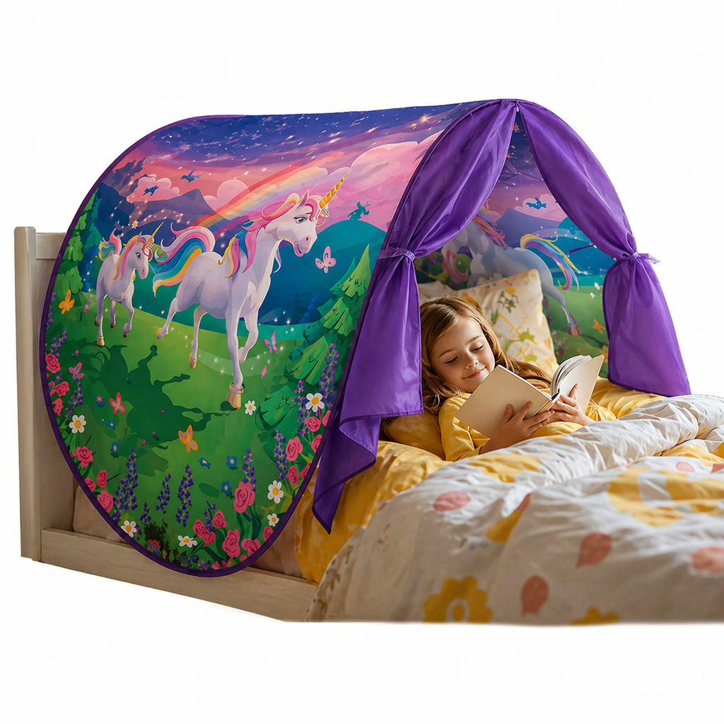 Child relaxing and reading inside a colourful unicorn bed tent creating a cosy private space for sleep and play