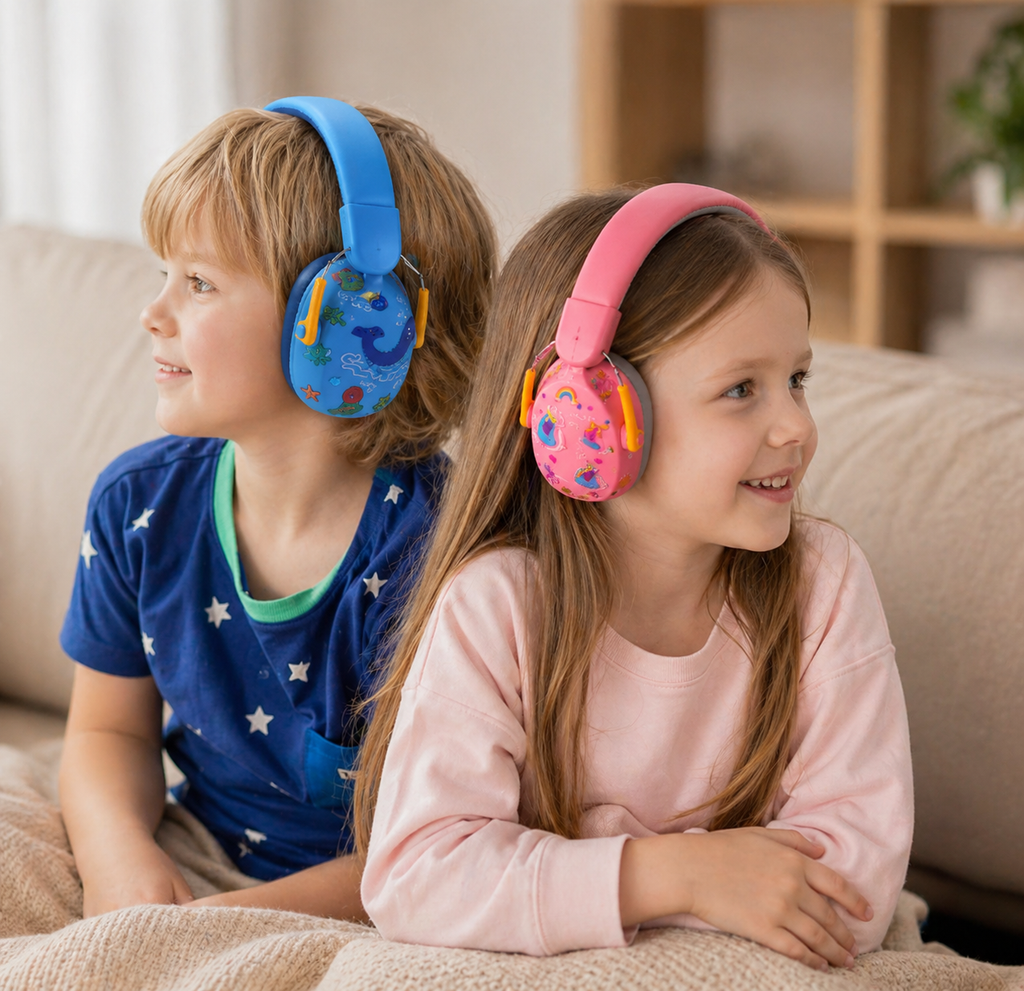 Children wearing sensory ear defenders in a calm home environment to support focus and reduce noise distraction