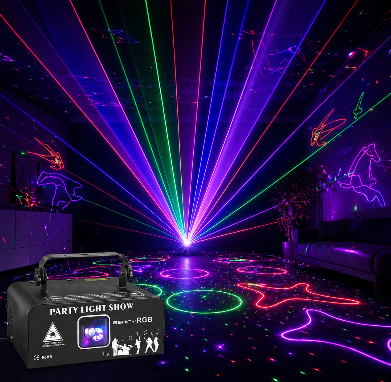 RGB laser projector light creating colourful beam effects in a dark room for parties and sensory environments