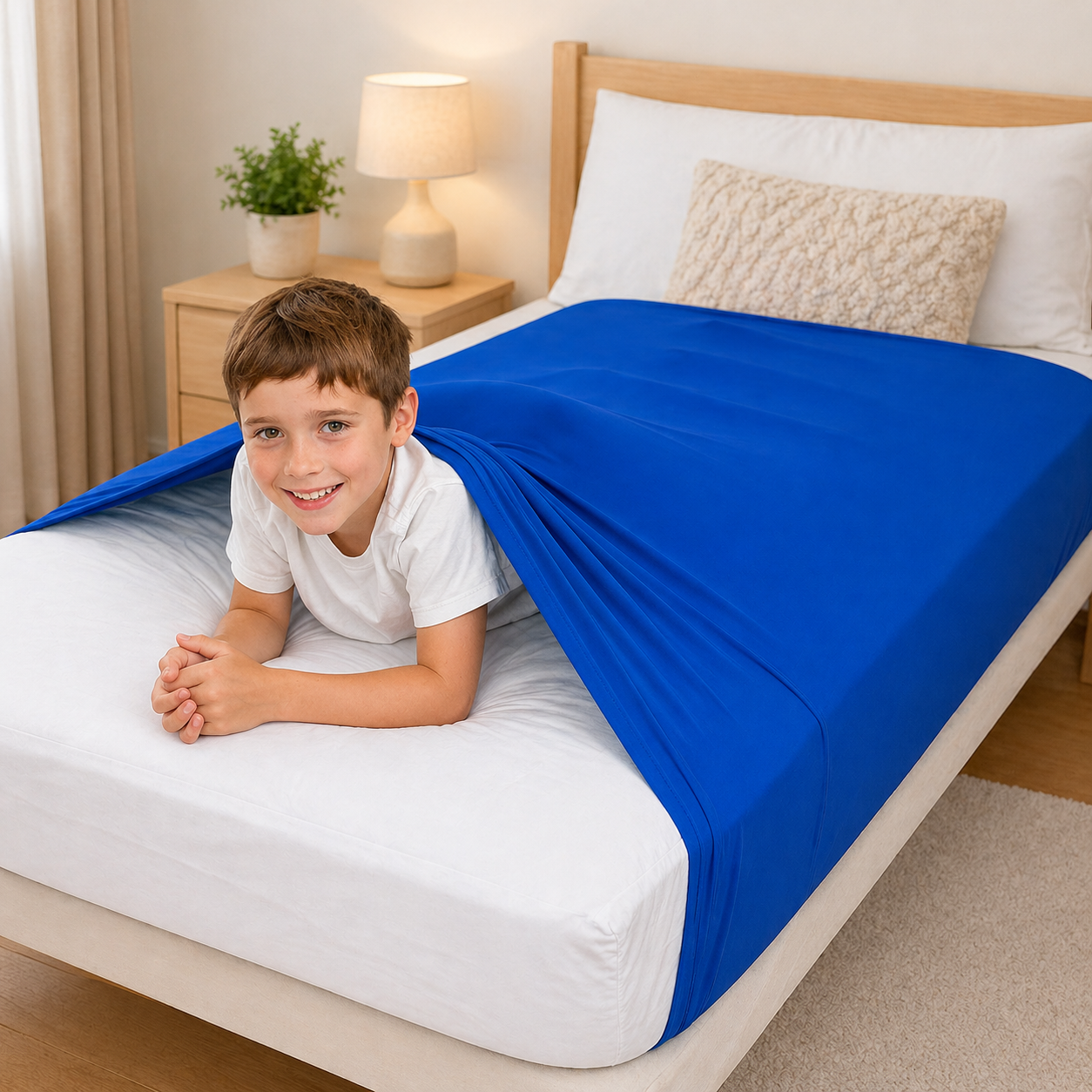 Child using a sensory compression sheet on a bed for calm and relaxation
Kid lying under compression sleep sheet designed to support better sleep and focus
Sensory bed sheet in use helping a child feel calm and secure at bedtime