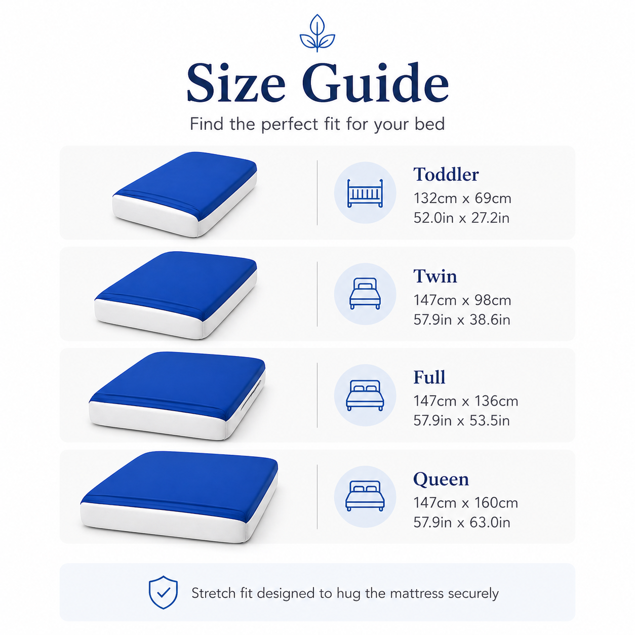 Sensory compression sheet size guide showing toddler twin full and queen dimensions
Size chart for sensory sleep sheet with mattress measurements for children and adults
Dimensions of sensory compression bed sheet for different bed sizes