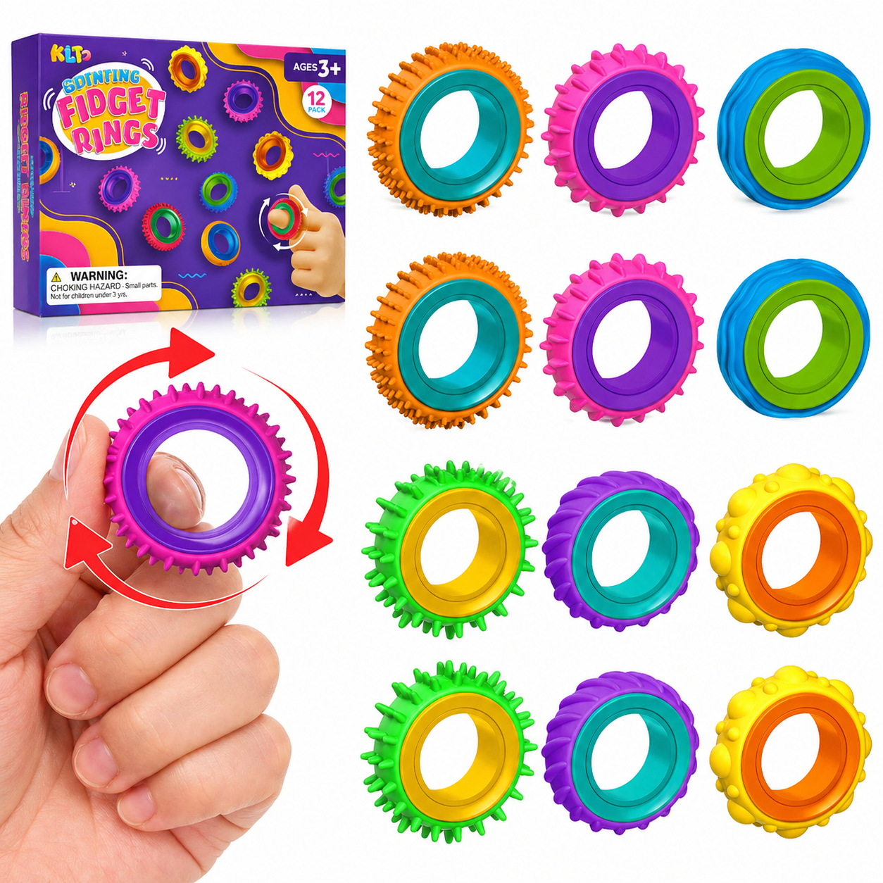 Set of colourful sensory fidget rings designed to reduce stress and support focus