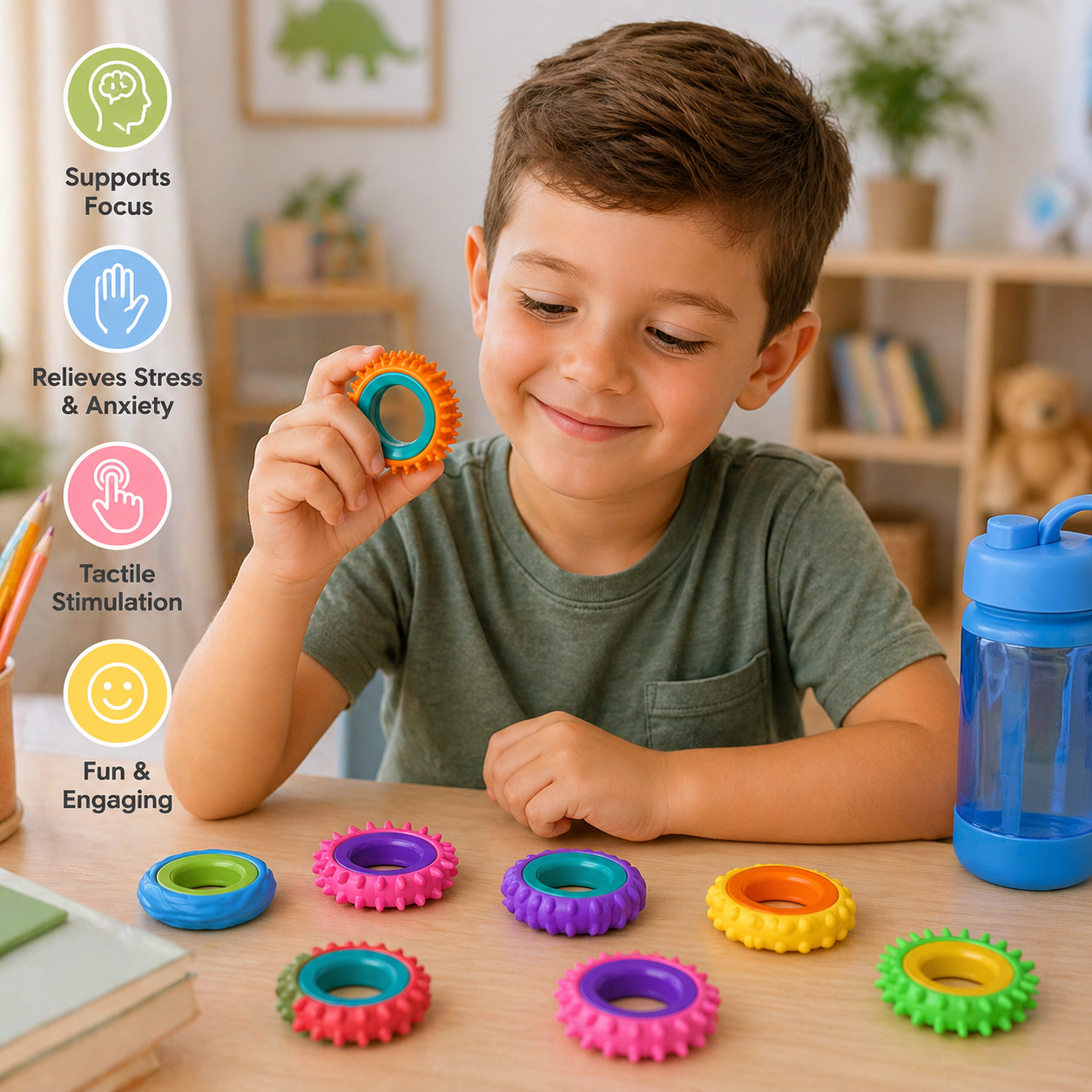 Child playing with colourful sensory fidget rings to support focus and reduce stress