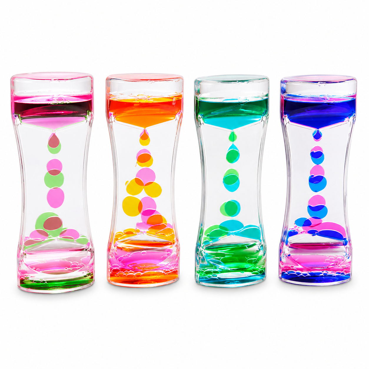 Set of colourful sensory liquid motion timers with slow dripping bubbles designed for calming visual stimulation